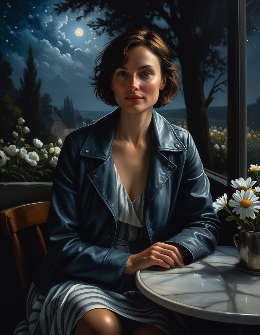 Stunning Portrait of a Woman in a Starry Cafe