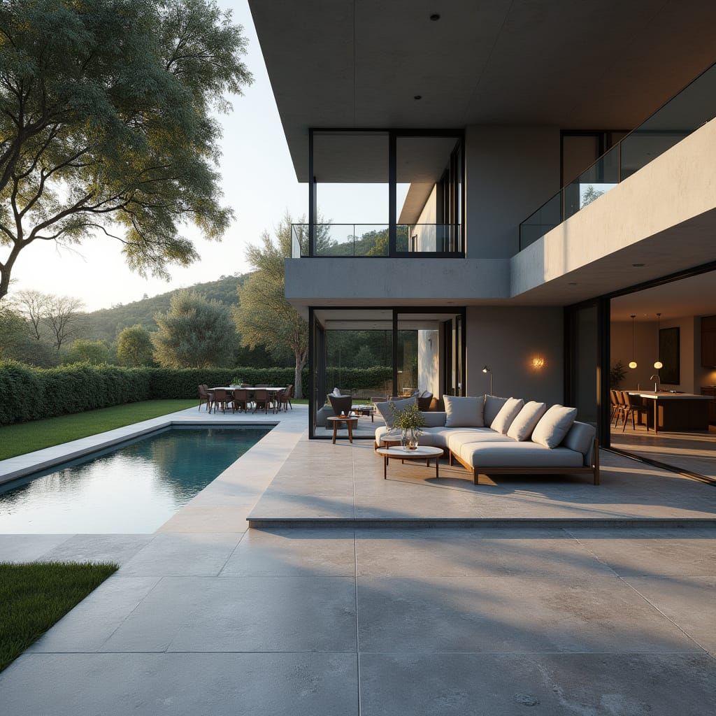 Modern Open-Plan Living Room with Pool View