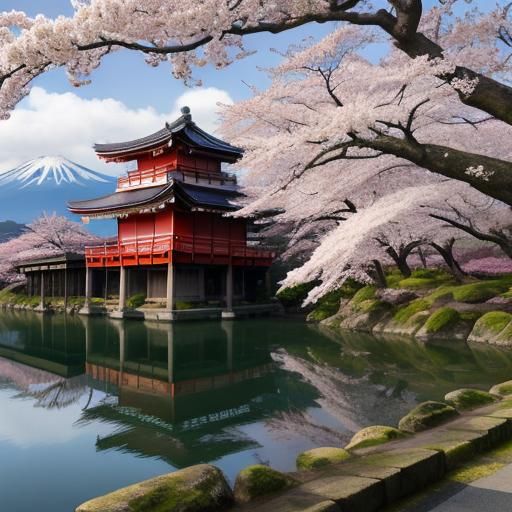 Sakura Tree with Mount Fuji and Temples