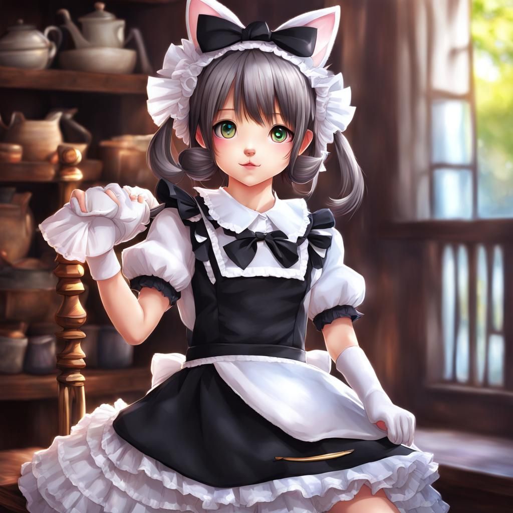 Adorable Neko Cat Girl in Maid Outfit