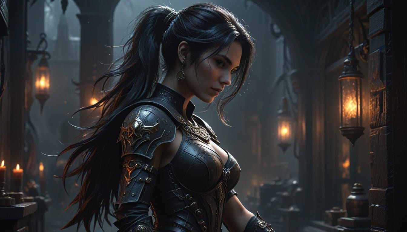 Confident Priestess Althea in Dark Fantasy Style