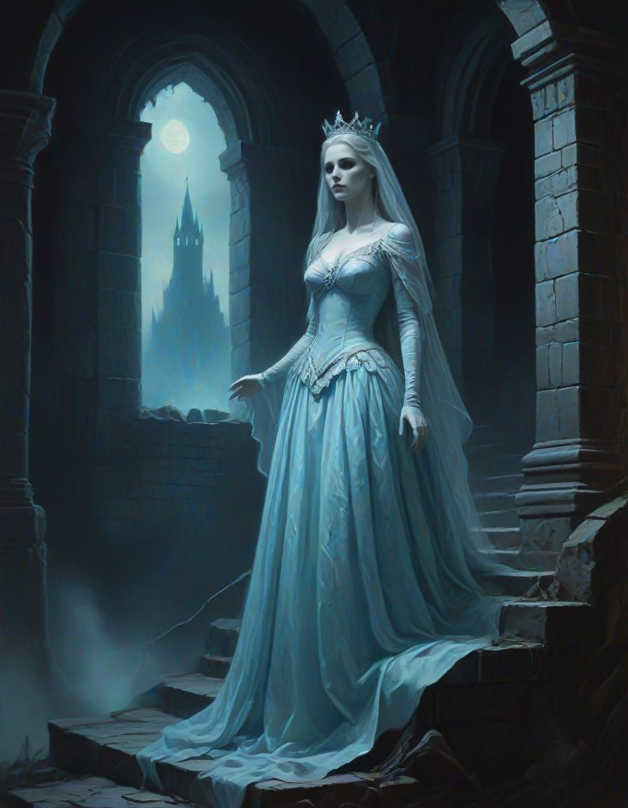 Ghost Queen in Glowing Blue Dress at Ruined Castle