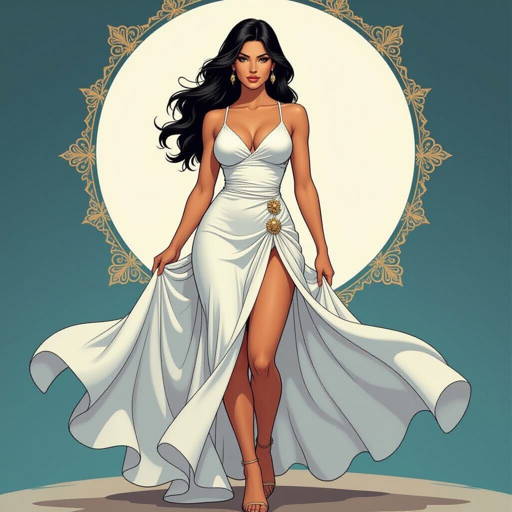Heroic Woman in White Dress, Comic Book Style