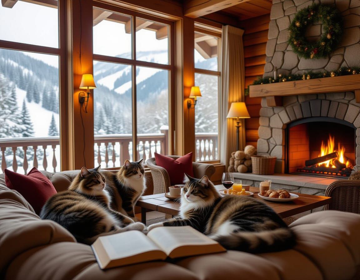 Cozy Ski Resort Scene with Cats