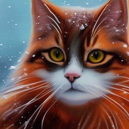 Cute Orange Cat in Snowy Winter Landscape as Oil Painting