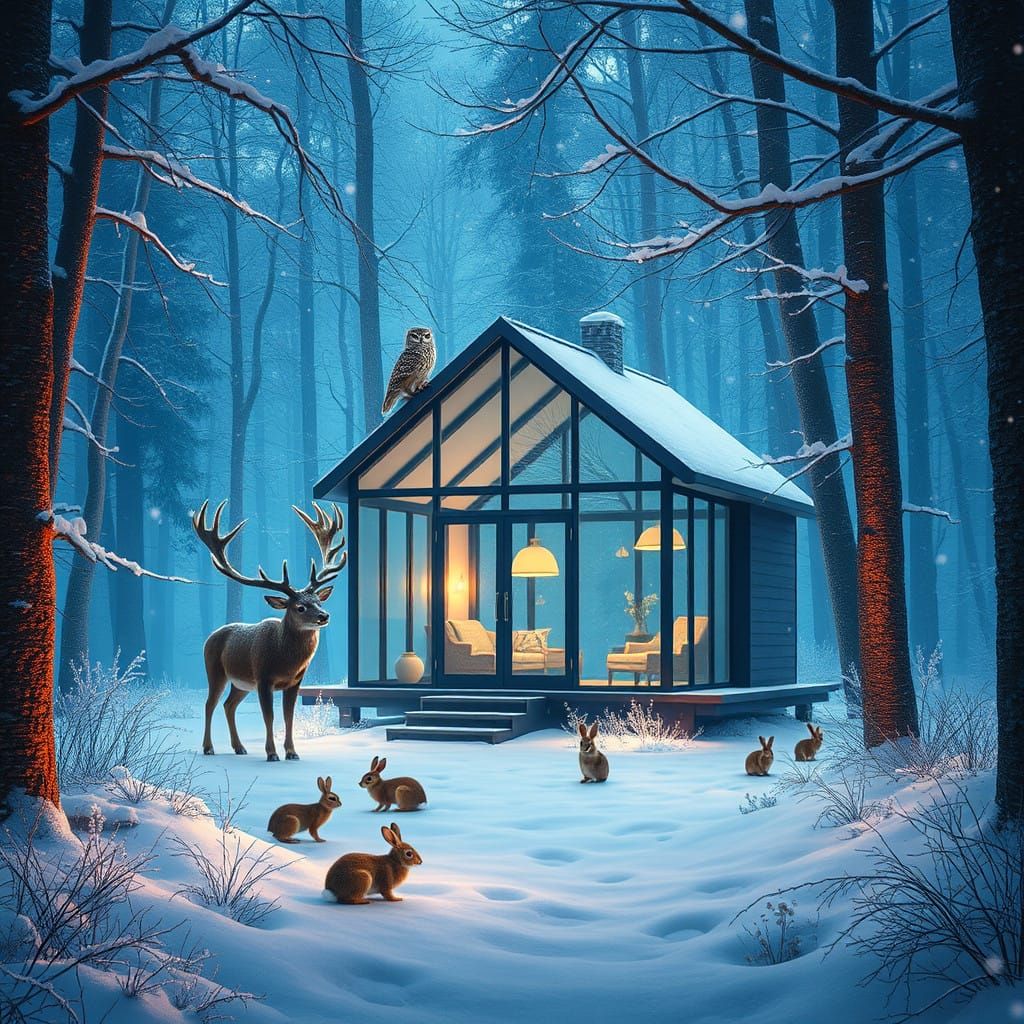 Glass Cabin in Enchanted Snowy Woods with Whimsical Creature...