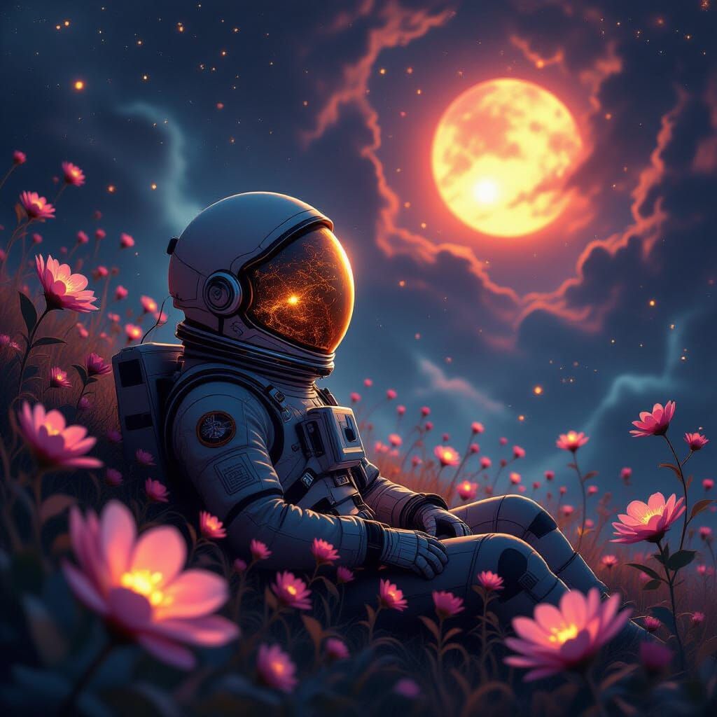 Astronaut in Cosmic Flower Nebula