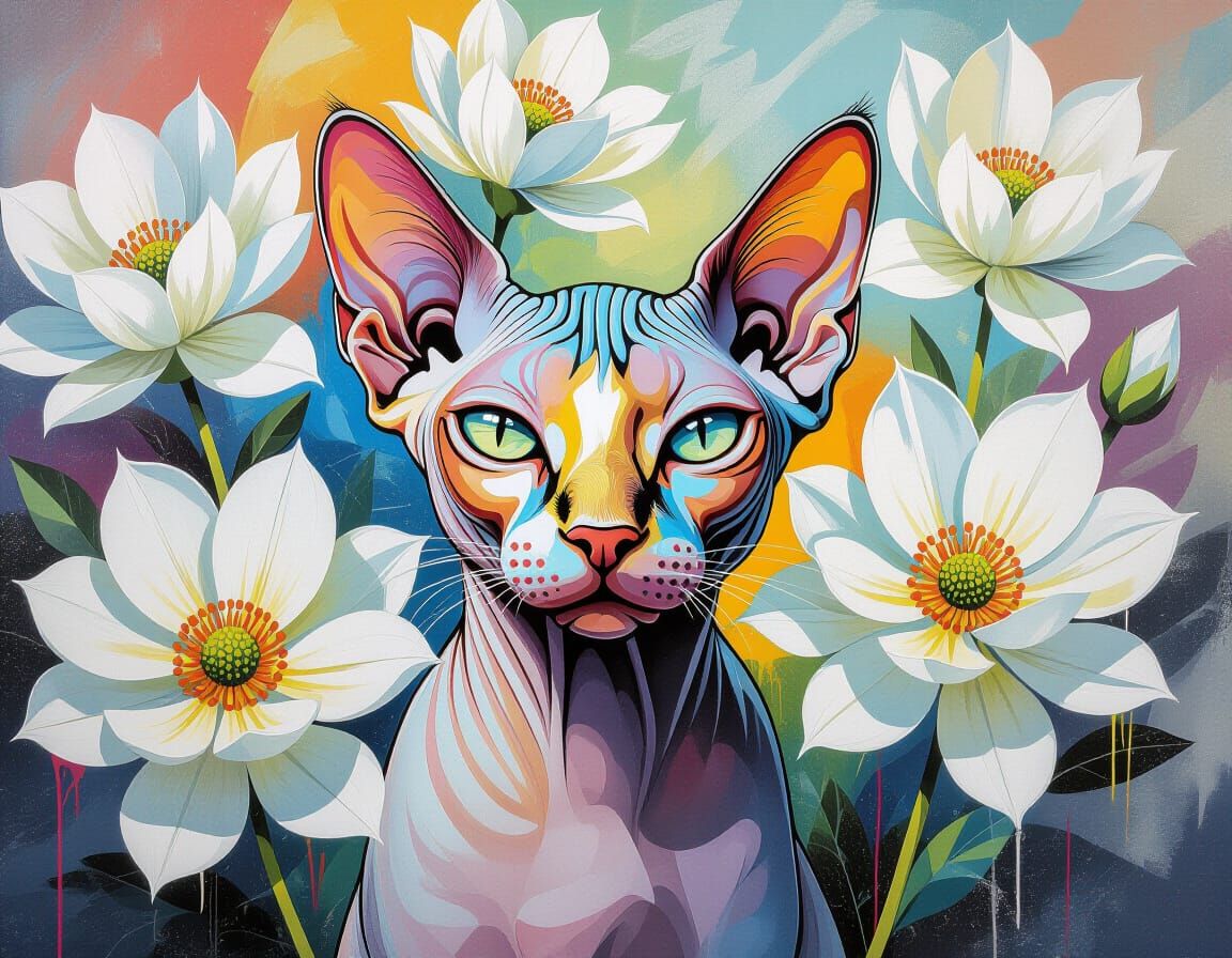 Sphynx Cat Among Flowers, Graffiti Art Style