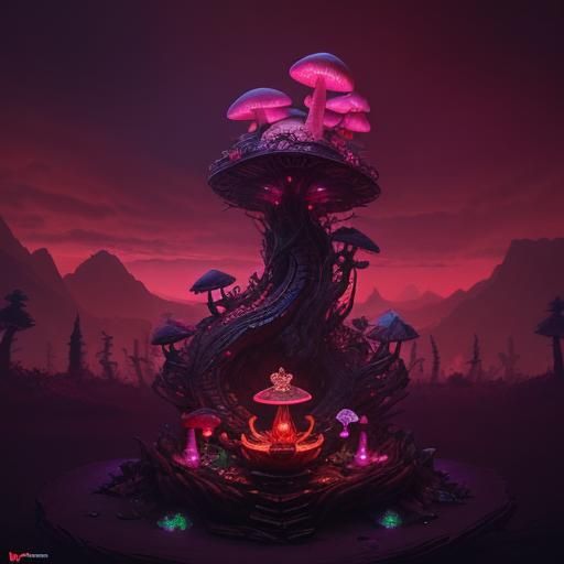 Cyberpunk Dragon Teacup Shrine in Neon Mushroom Forest