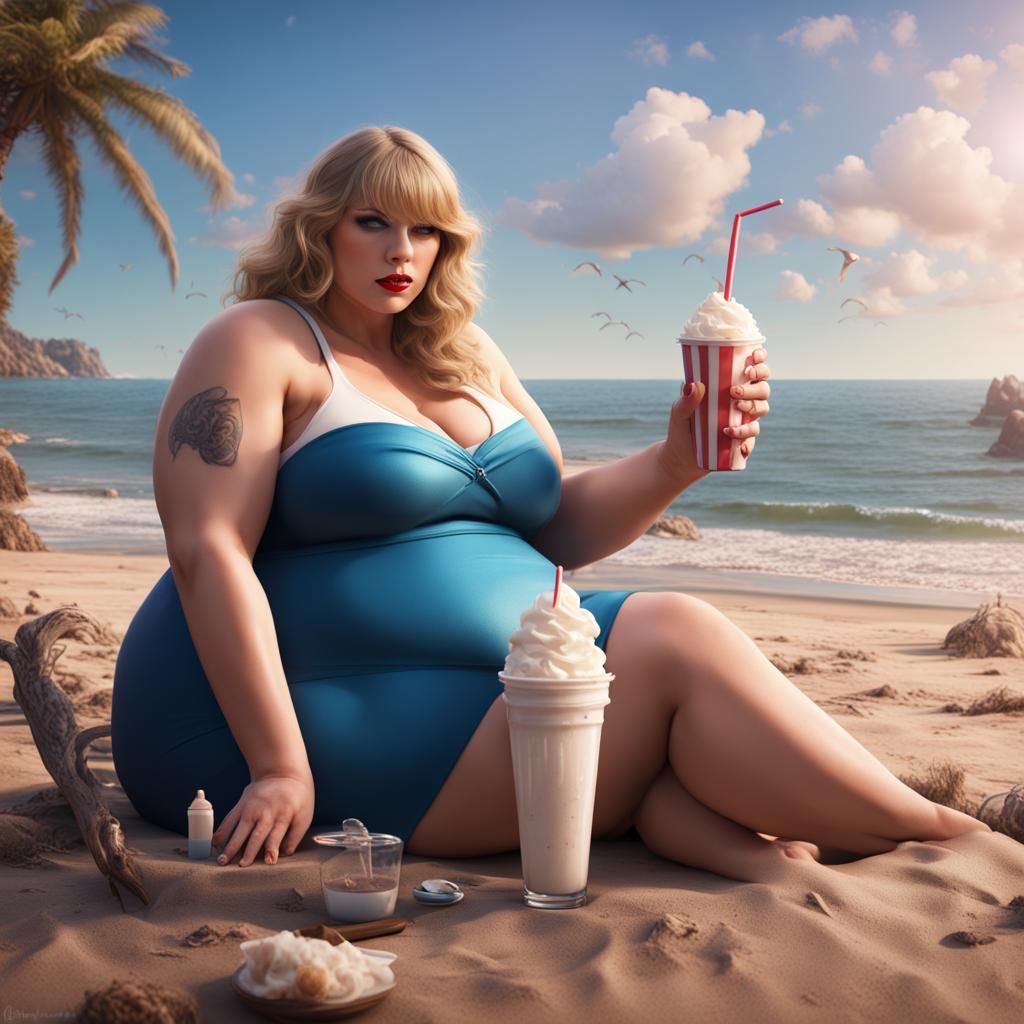 Morbidly Obese Woman Enjoying Milkshake: Detailed Matte Pain...