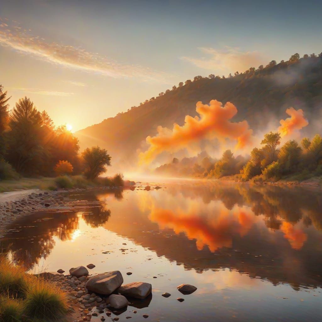 Impressionist Sunrise Over River Landscape