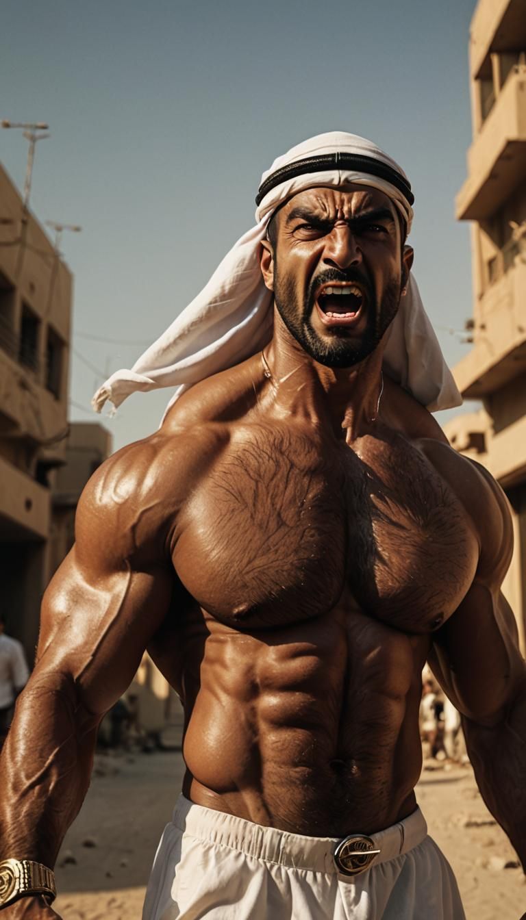 Arab Bodybuilder Yelling in Film Noir Style