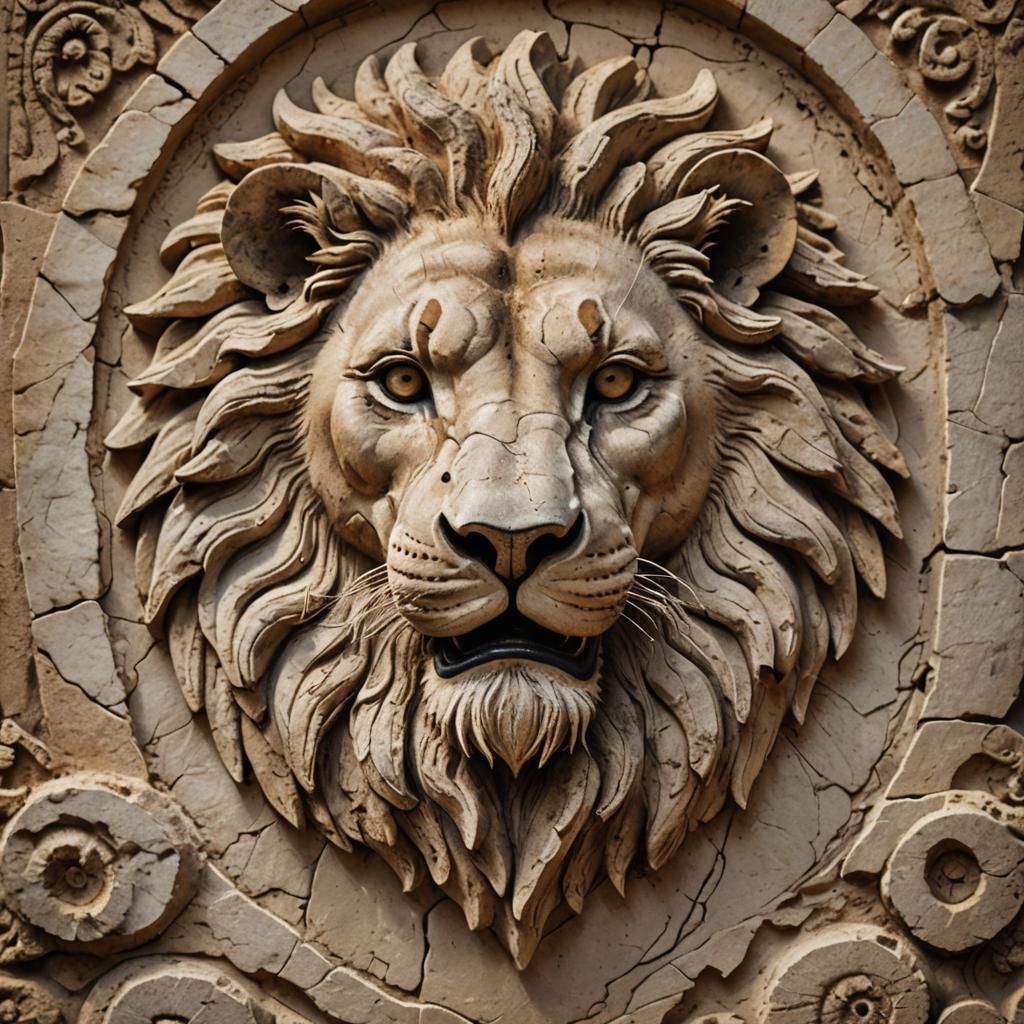 Majestic Lion Stone Carving in Bas Relief