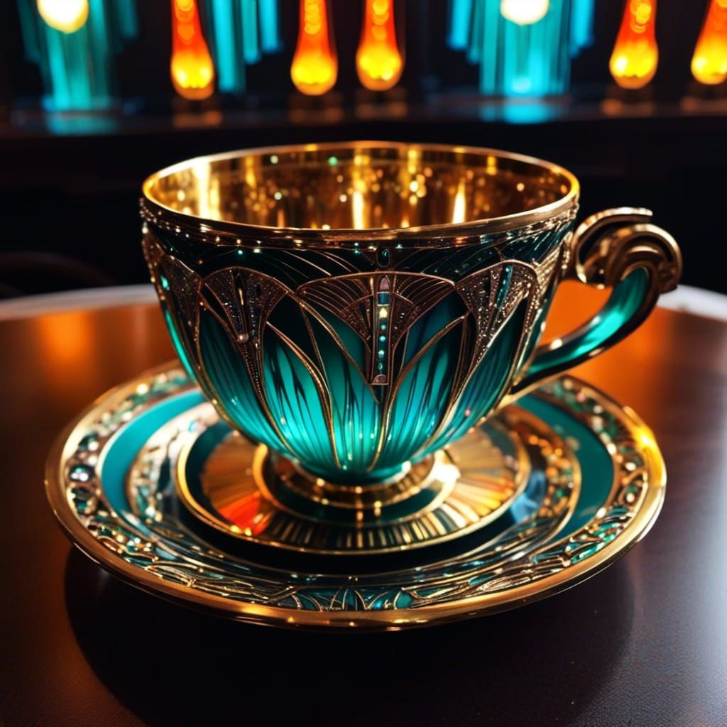 Art Deco Coffee Cup in Restaurant with Fairy Lights