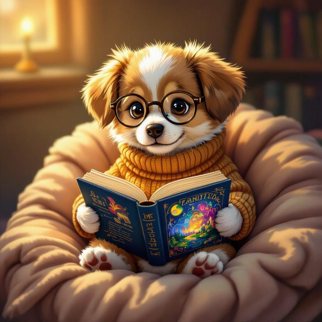 Puppy Reads Fantasy Book in Miyazaki Style