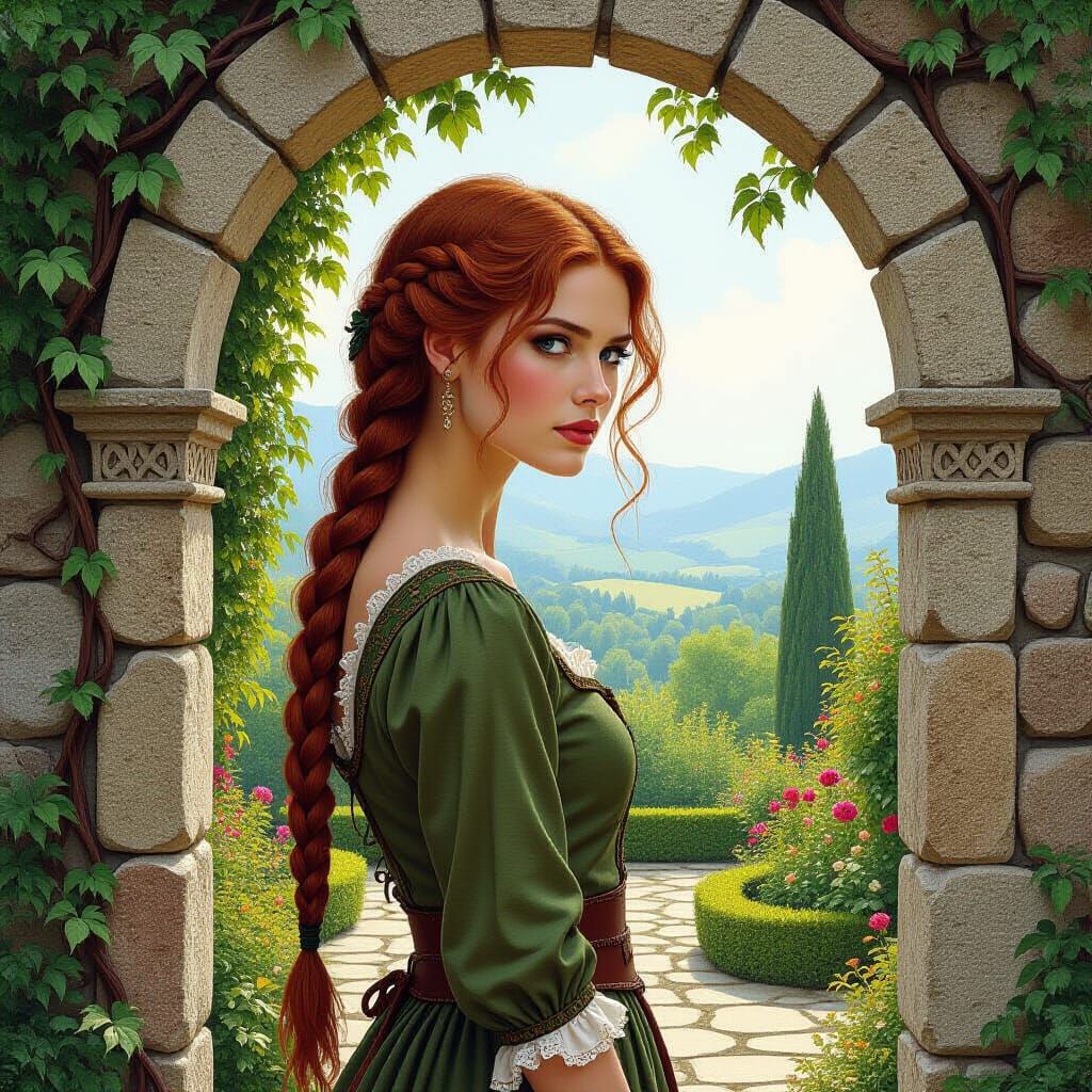 Medieval Woman in Garden Archway, Mystical Realism
