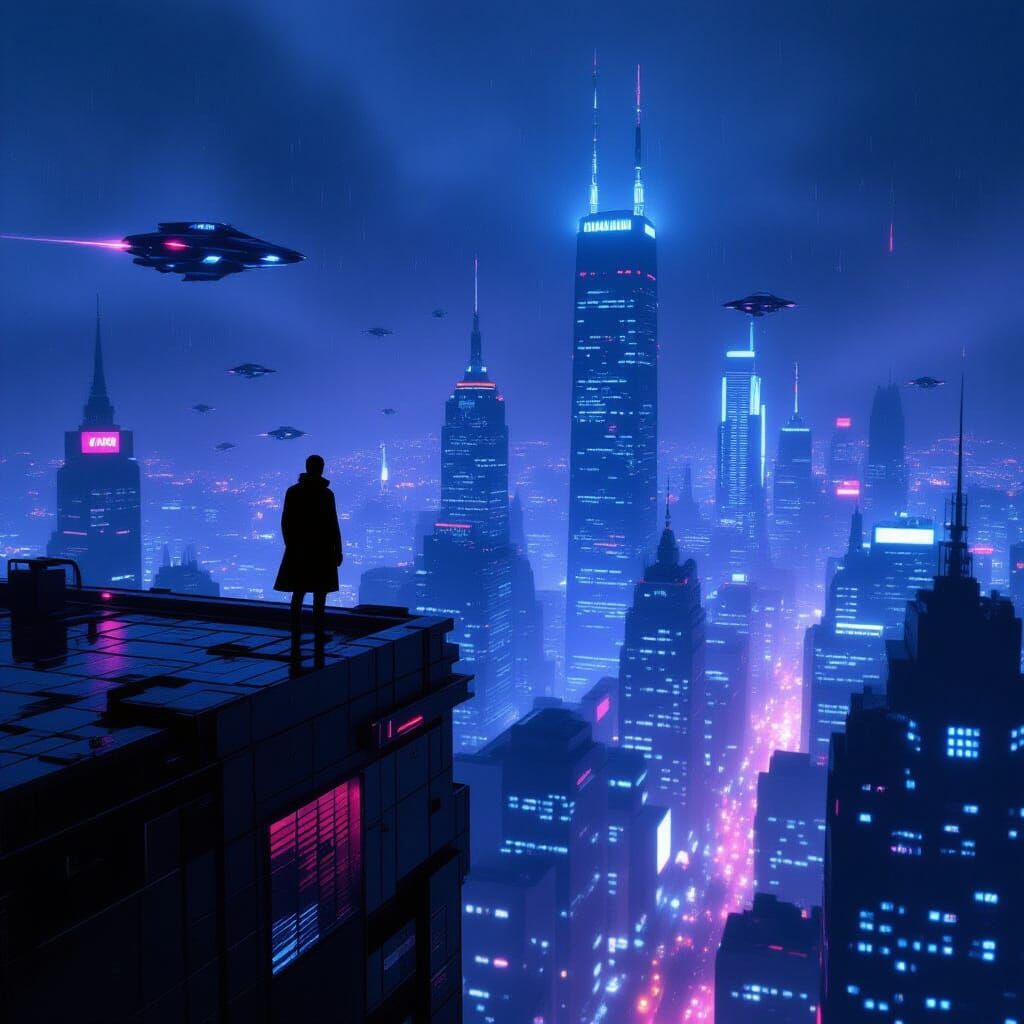 Cyberpunk Cityscape with Solitary Figure at Night