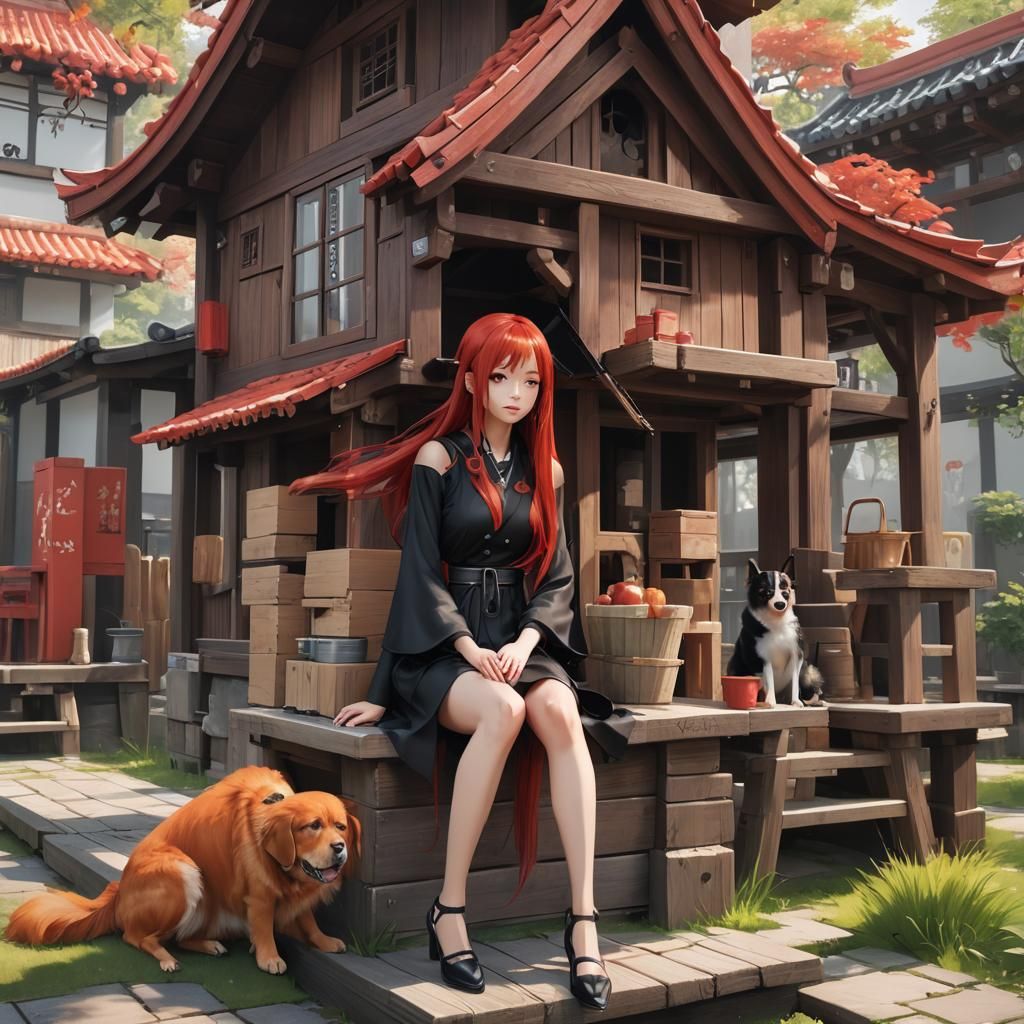 Anime Style Girl Near Dog House in 3D