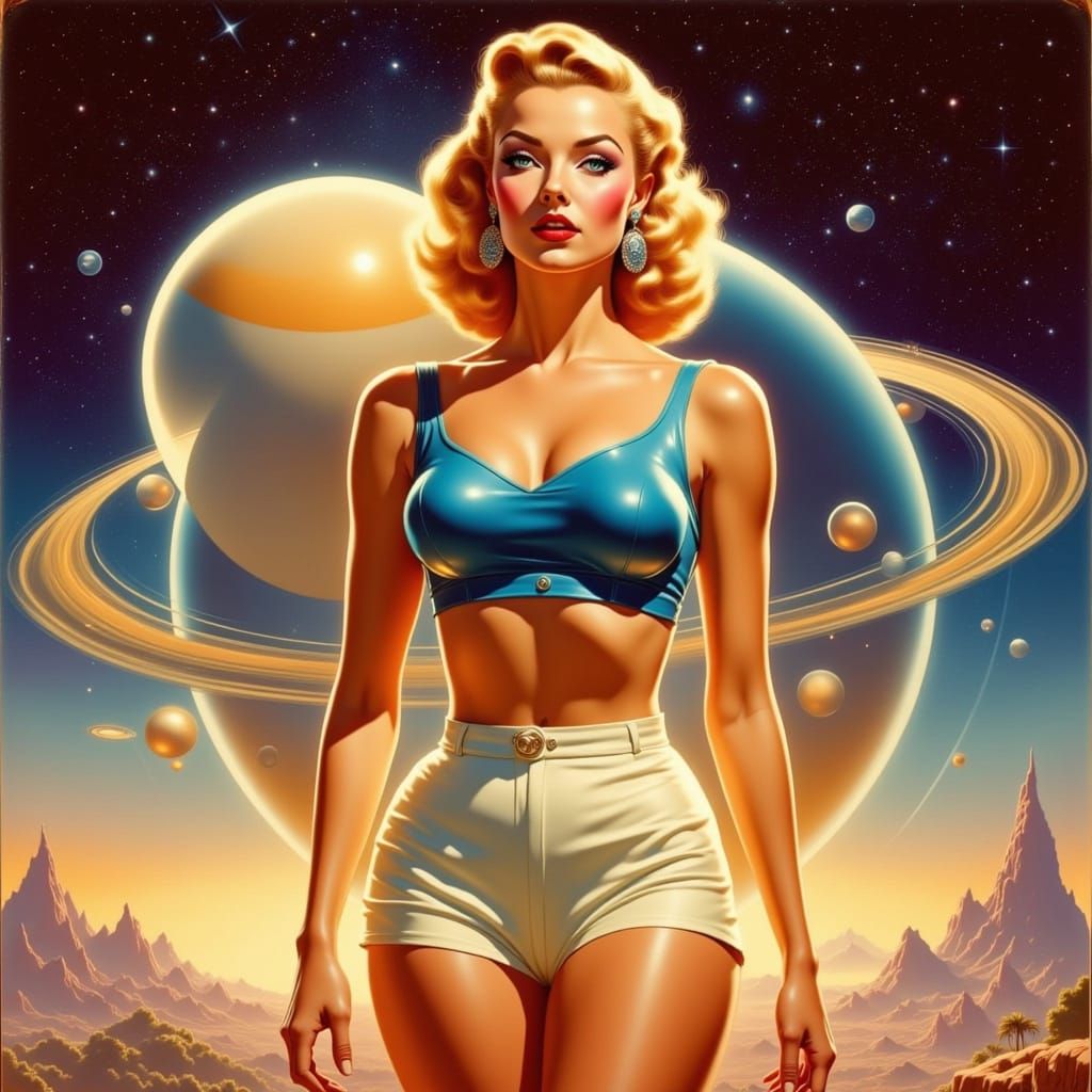 Retro Sci-Fi Pin-Up Woman Among Floating Planets