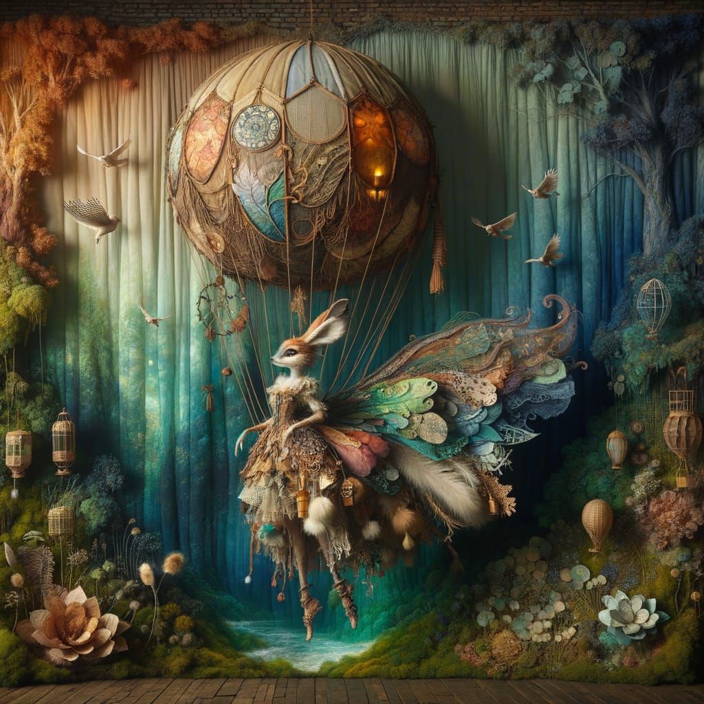 Fairy in Hot Air Balloon Amidst Enchanted Forest