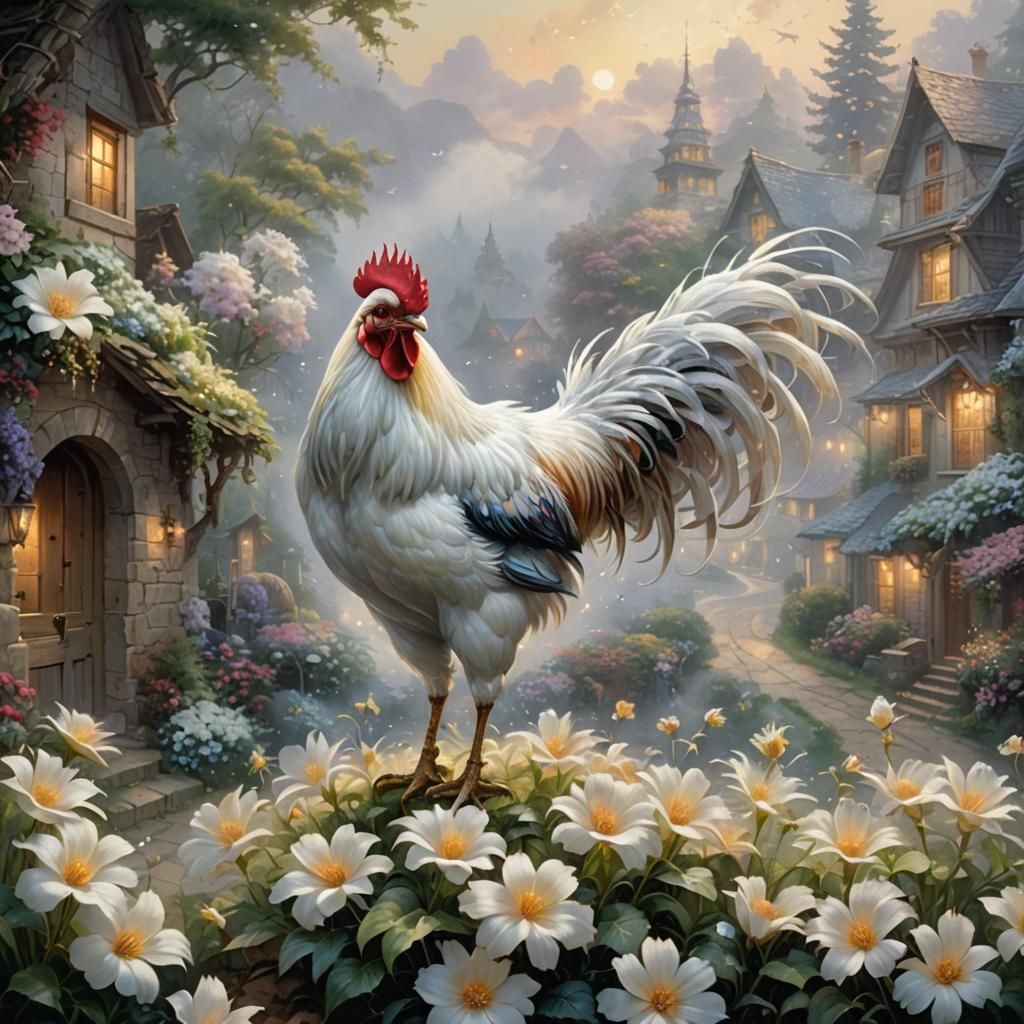Ethereal Rooster in Village, Kinkade Style
