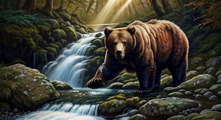 Brown Bear Fishing for Salmon in Waterfall