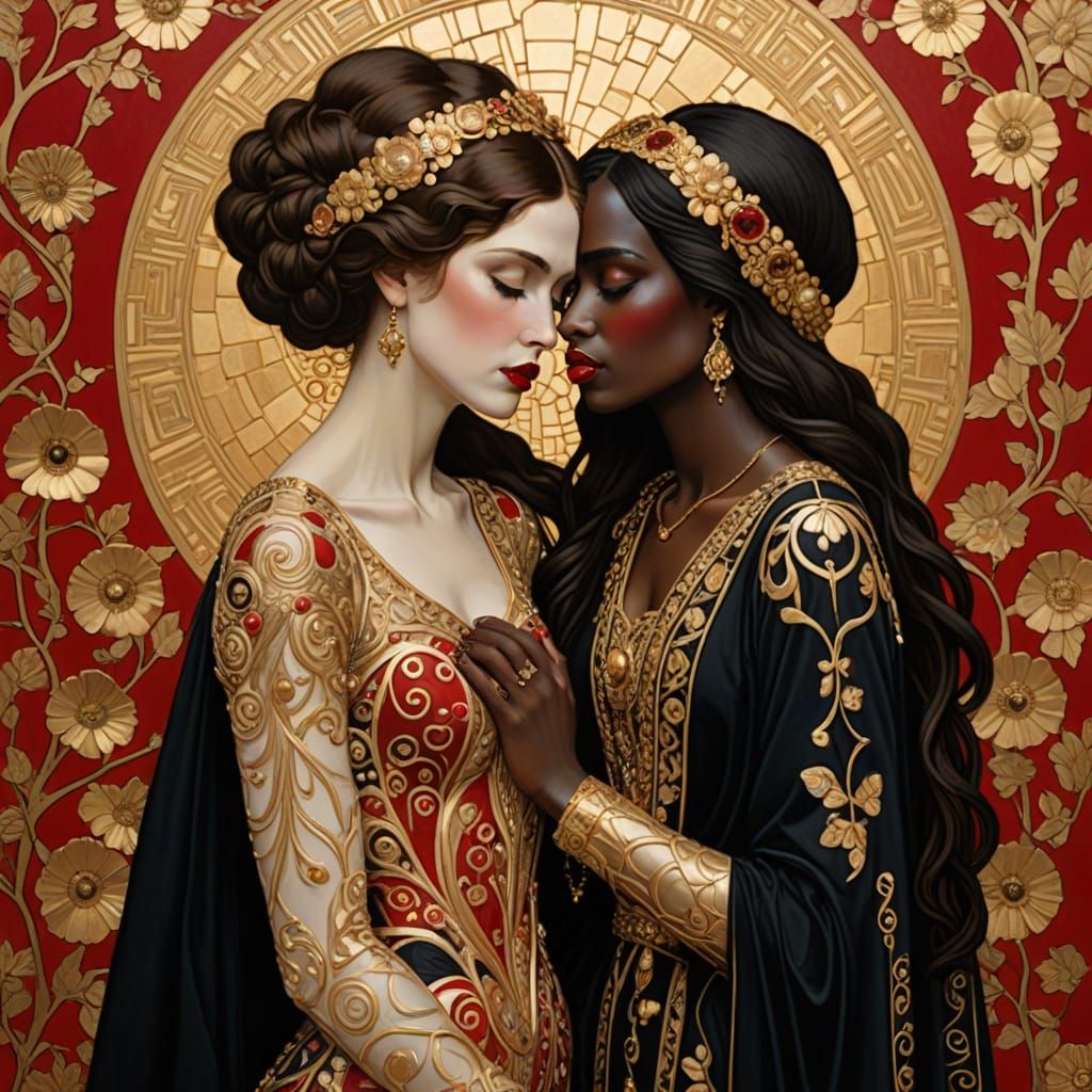 Elegant Women Embrace in Klimt Style Art Nouveau