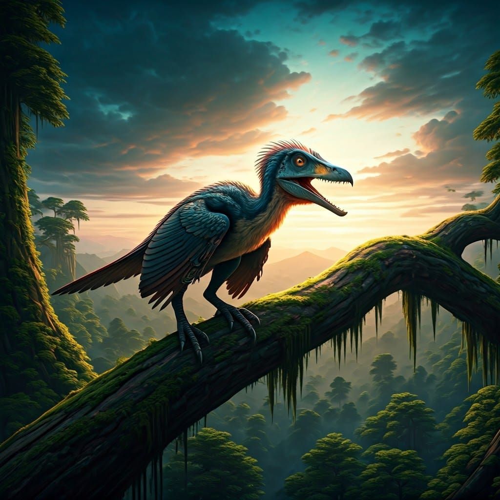 Hyper-Realistic Archeopteryx in Golden Forest Glade