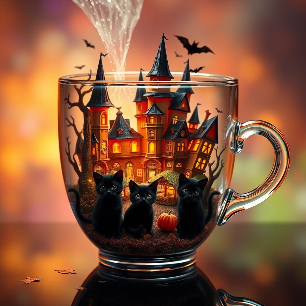 Halloween Village in Crystal Teacup: 3D Splash Art