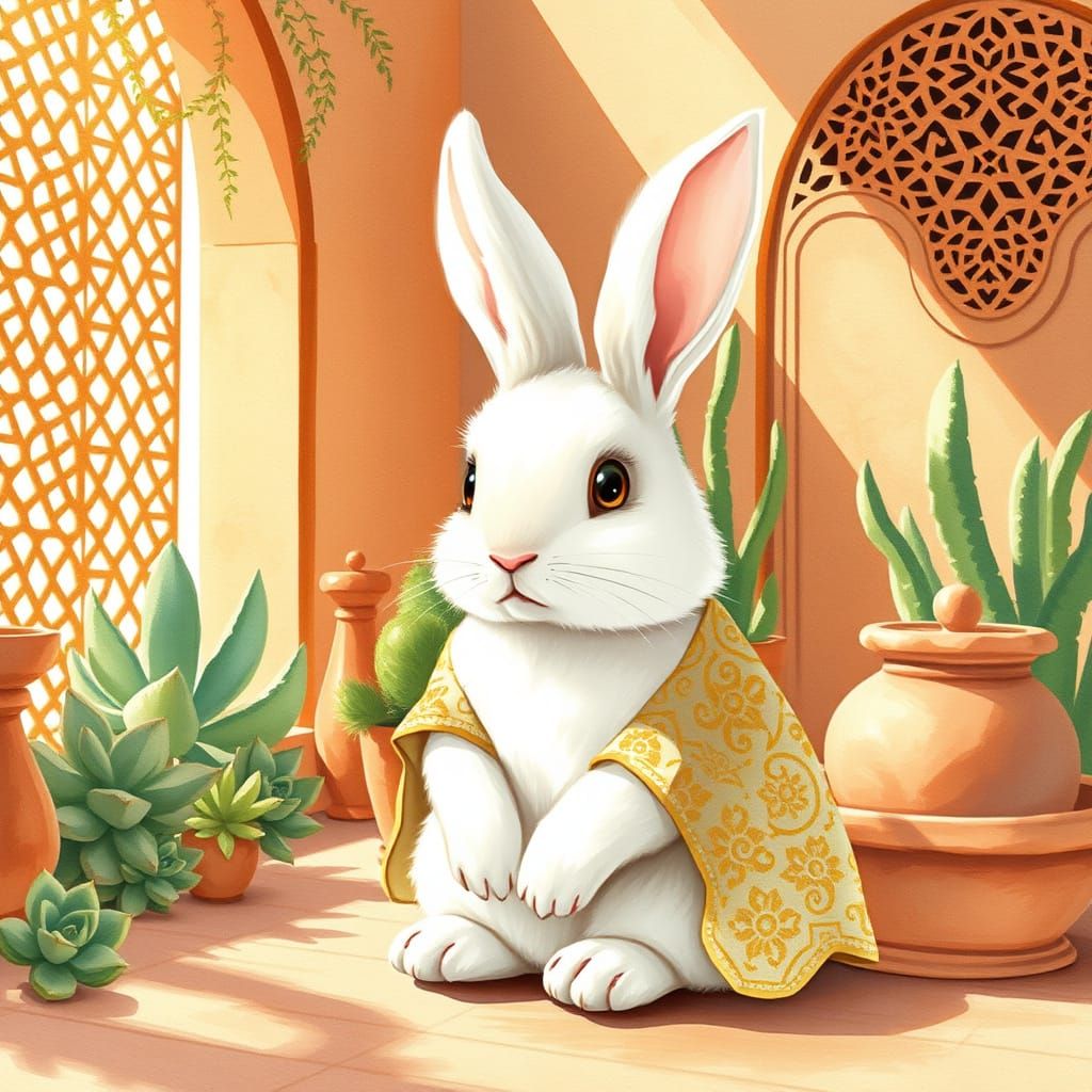 Whimsical White Bunny in Moroccan Oasis