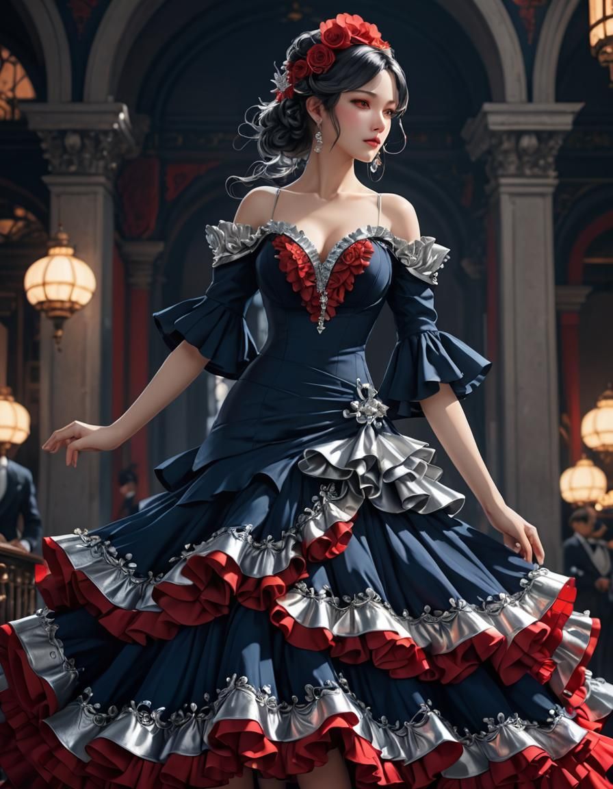 Elegant Flamenco Dress in 3D Anime Style