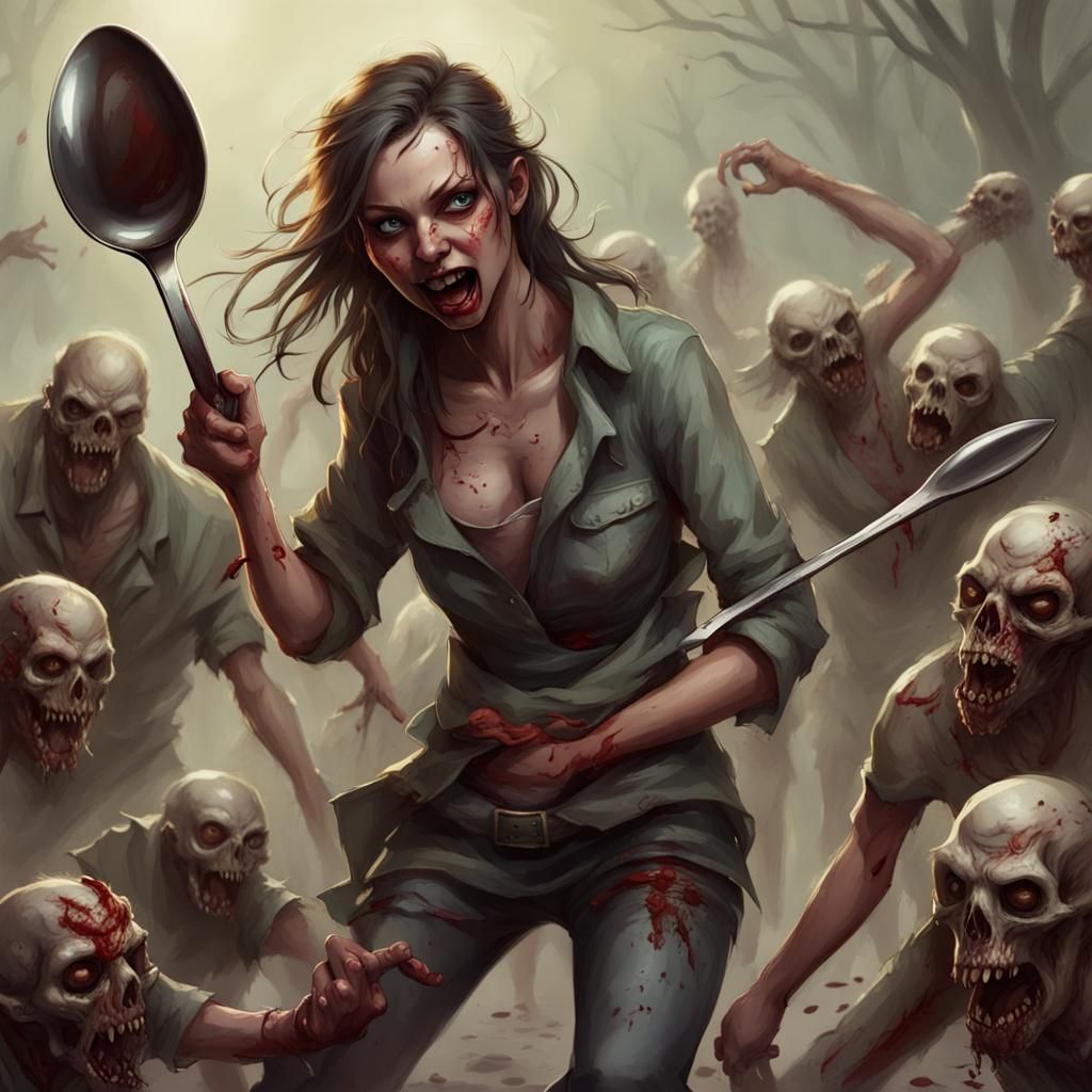 Tiefling Warrior Defeats Zombies with Spoons