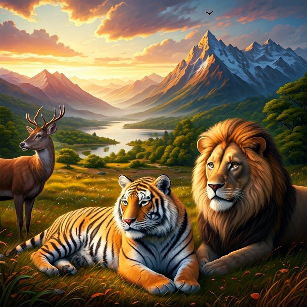 Harmony: Tiger, Eagle, Deer, and Lion in Hyperrealism