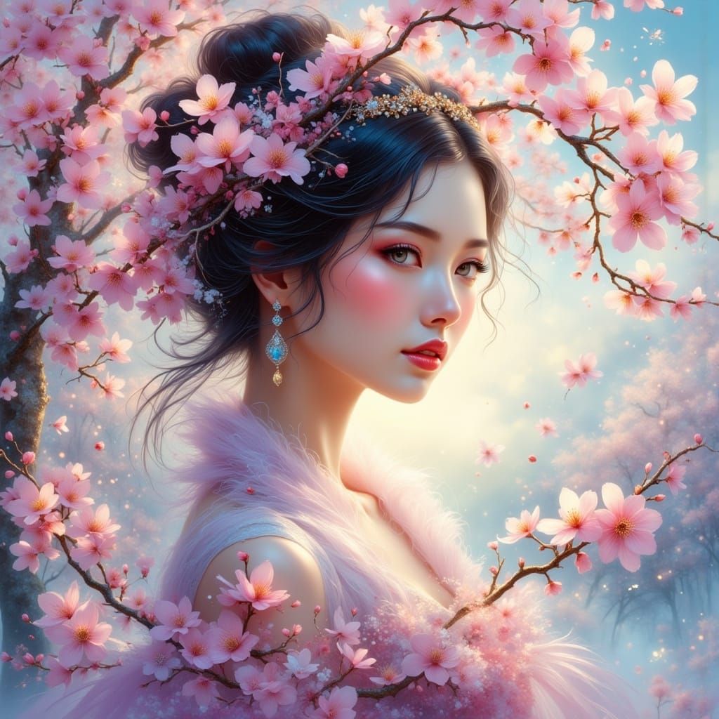 Serene Woman with Cherry Blossoms, an Oil Painting