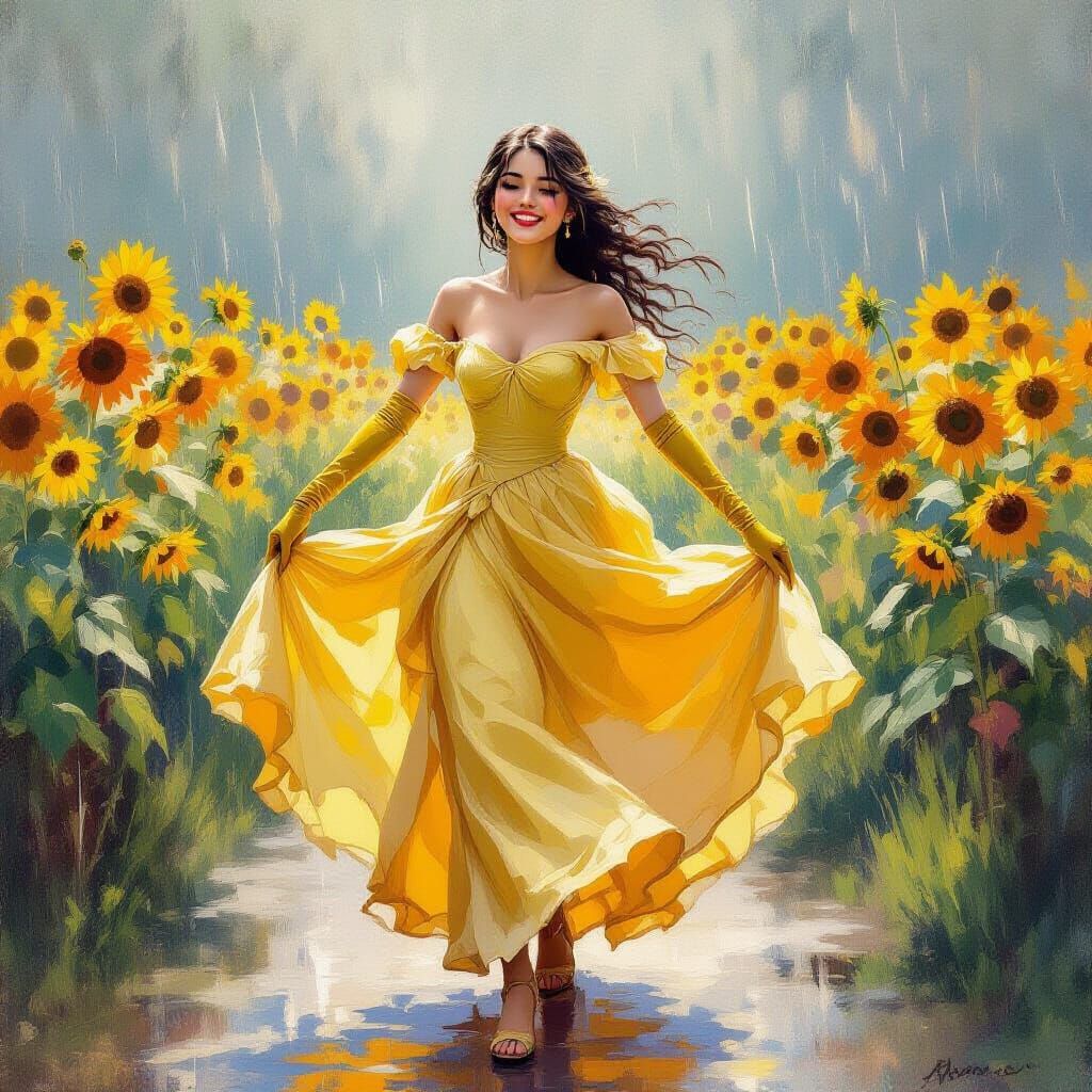 Woman Dancing in Sunflowers: An Impressionist Painting