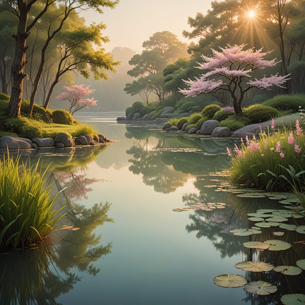 Serene Landscape with Pastel Tones and Soft Morning Light