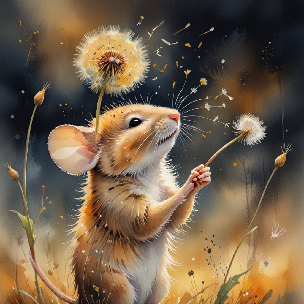 Whimsical Autumn Watercolor of Mouse Blowing Dandelion Seeds