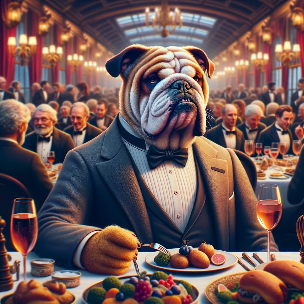 Dapper Bulldog at Dinner Party: Matte Painting