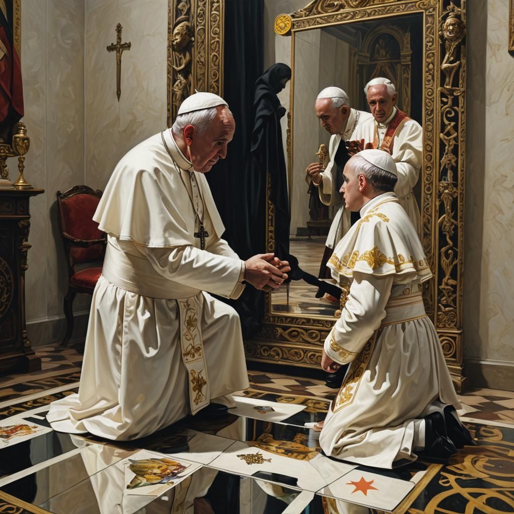 Tarot Card 5: Boy, Pope, and Sinister Reflection