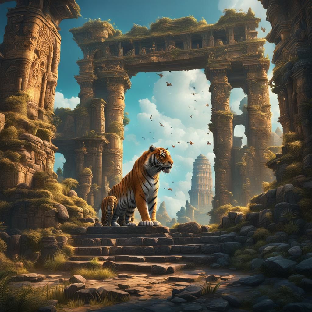 Tiger in Ancient Ruins: Detailed Matte Painting