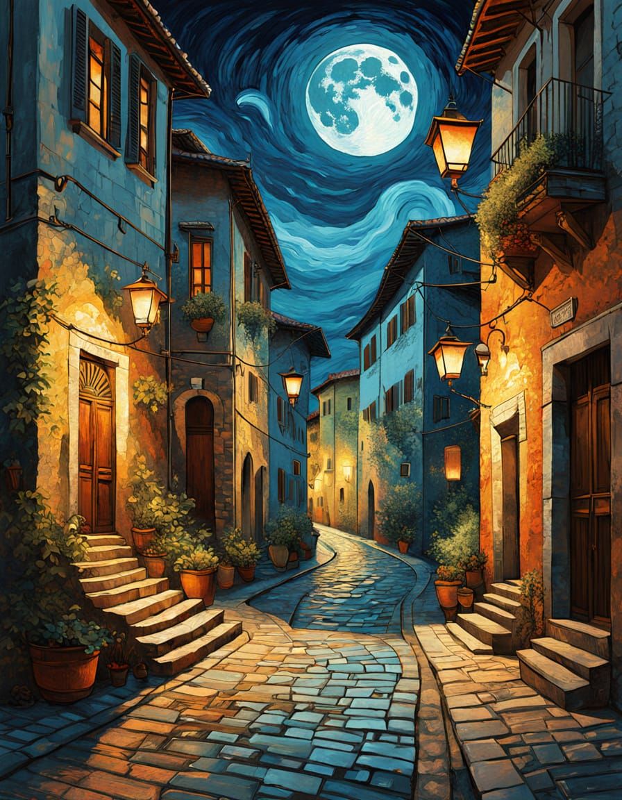 Nighttime Todi Alleys in Textured Fantasy Art Style