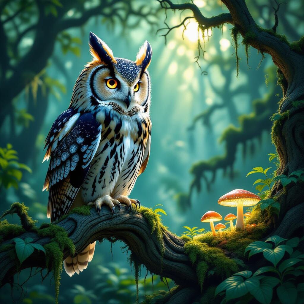 Ancient Owl with Glowing Eyes on Mossy Branch