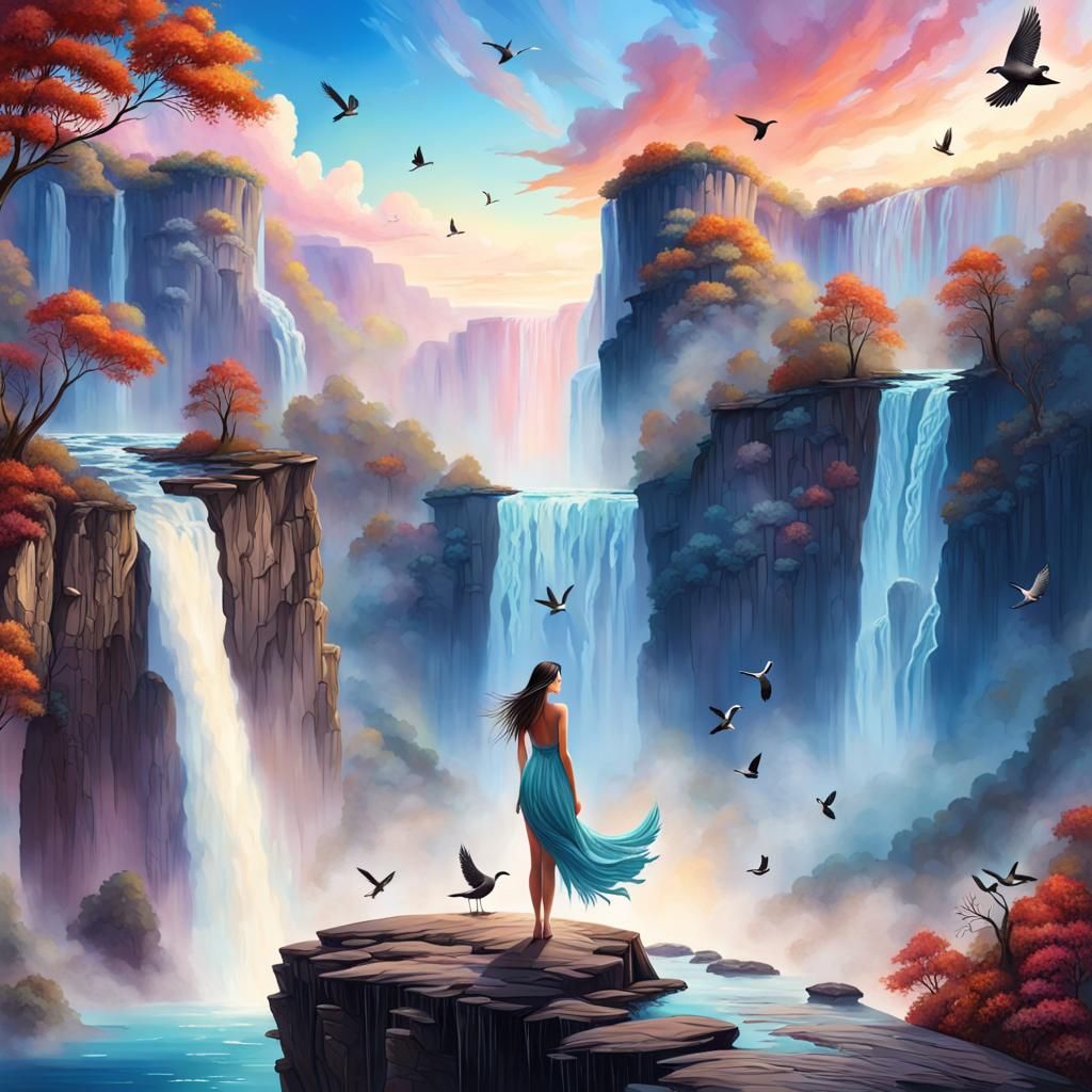 Woman on Cliff with Waterfall and Vivid Sky