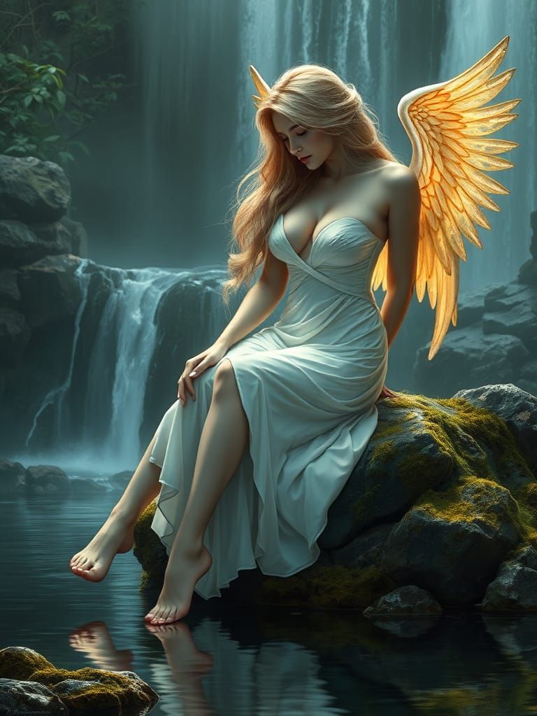 Fallen Angel Contemplation in Moonlit Fantasy Landscape