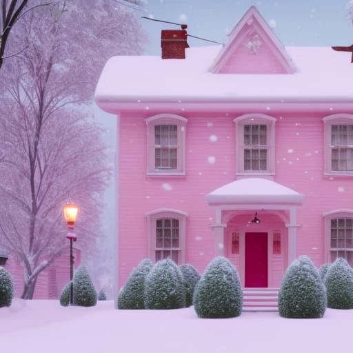 Winter Wonderland: Pink House in Snow, Gouache Style