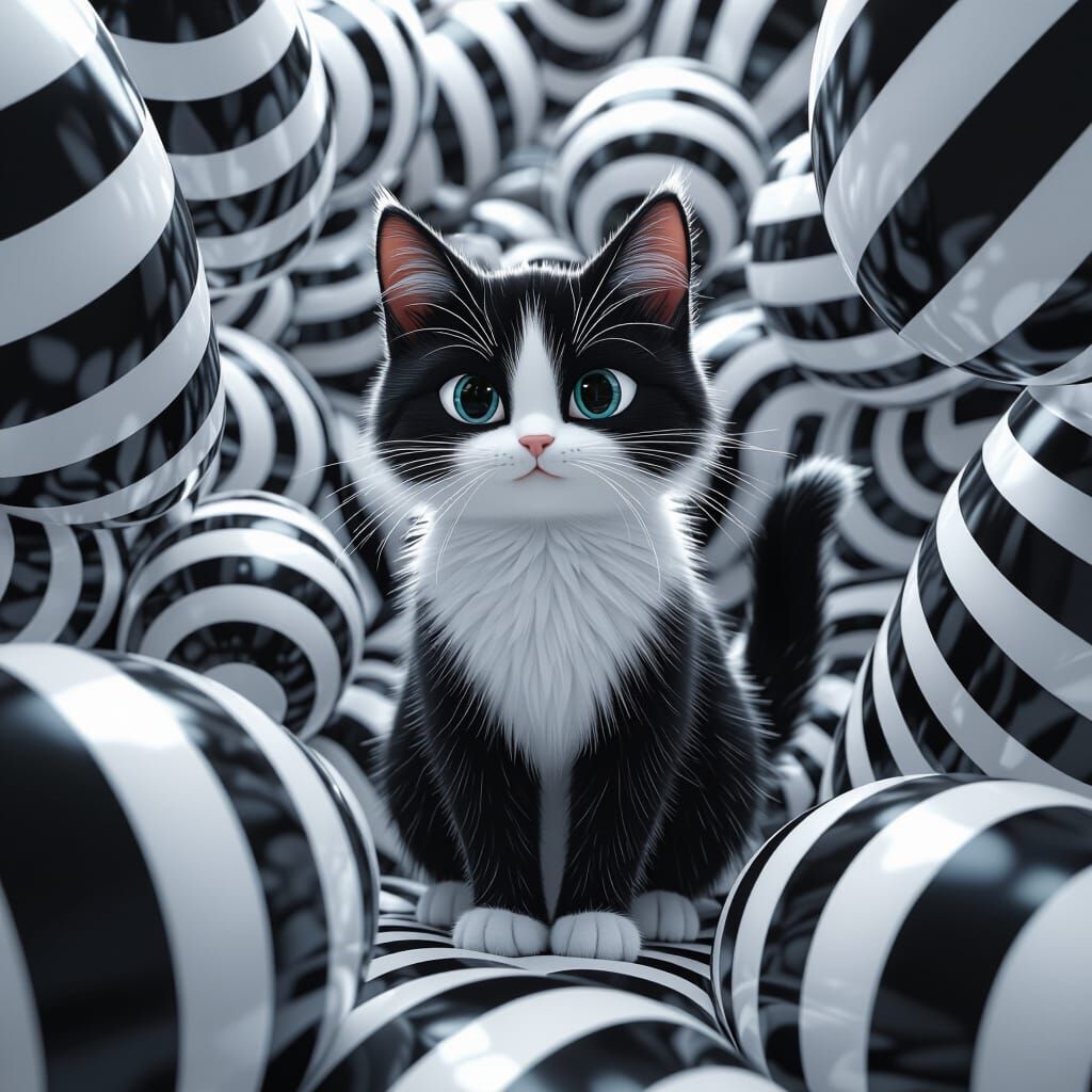 Stylized Black and White Cat in 3D Stripes