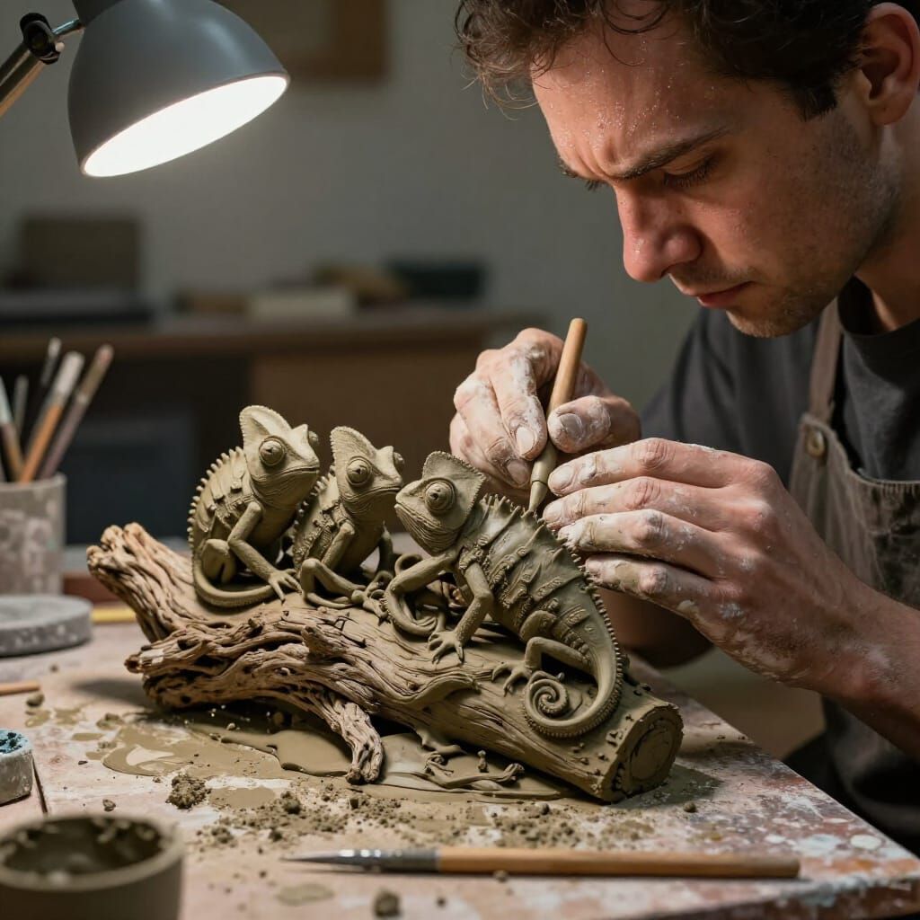 Hyperrealistic Sculptor's Hands Crafting Chameleon Sculpture