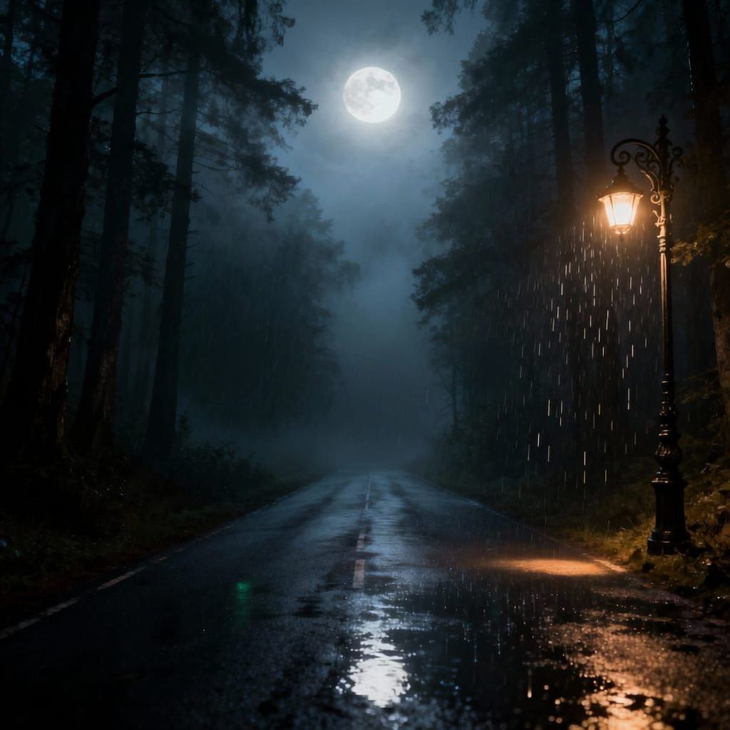 Mysterious Foggy Forest Road Under Full Moon