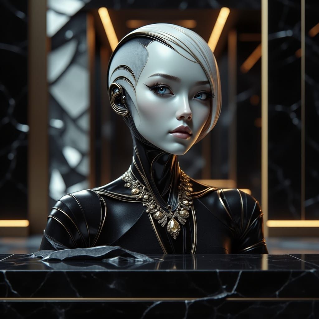 Elegant Android Model in Futuristic Jewelry Showroom