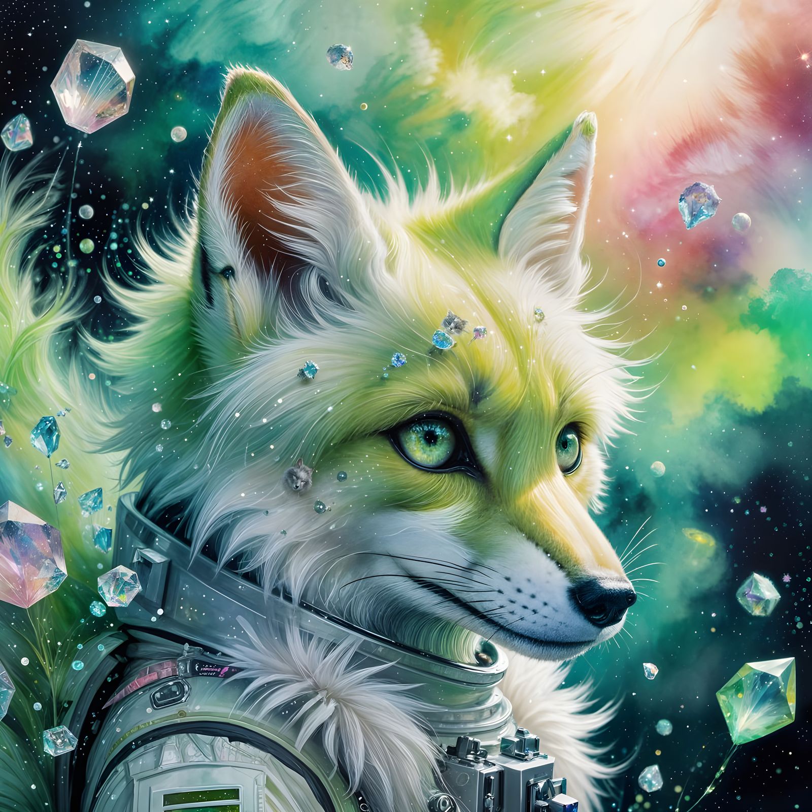 Astronaut Painting Crystal Foxes: Watercolor Dreamscape